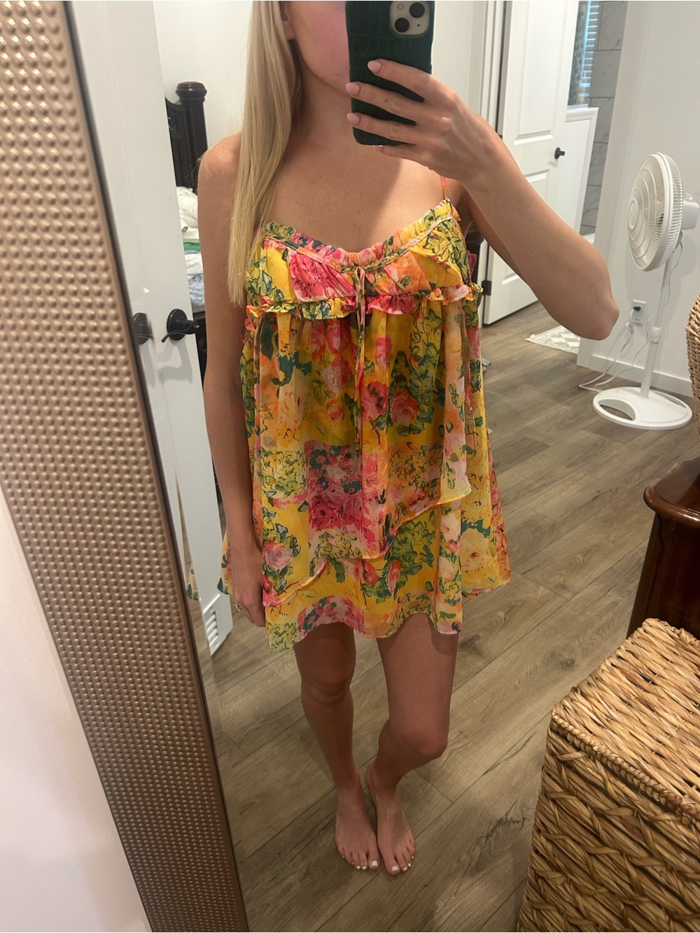 For Love & Lemons Yellow Floral Mini Dress with Pink & Green Print
